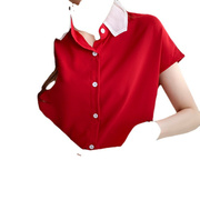 2022夏装宽松职业衬衣女红色翻领，雪纺衫小众短袖衬衫女