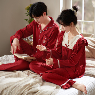 舒适透气纯棉 结婚喜庆红 法式风蕾丝边套装