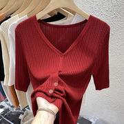 红色V领冰丝针织开衫短袖女夏季薄款修身显瘦减龄体恤正肩t恤上衣