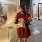 红色圣诞树毛衣女(毛衣女)秋冬外穿加厚中长款宽松学院，风洋气圆领套头上衣