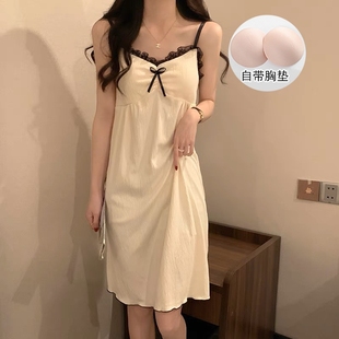 2024皱布带胸垫睡衣女夏季ins风简约吊带蝴蝶结睡裙女中长款