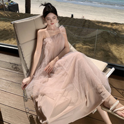 不规则网纱灰粉色吊带裙仙女裙女沙滩连衣裙长裙飘逸度假裙