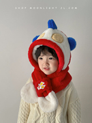儿童帽子围巾一体帽二件套冬季保暖奥特曼男女宝宝防风加绒加厚
