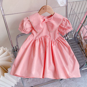 女童超仙粉色公主裙，2024夏季韩版儿童洋气珍珠娃娃领连衣裙子