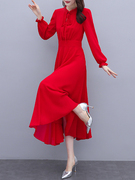 红色雪纺连衣裙子长袖早春秋装2022年女洋气中长气质收腰显瘦