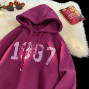 1987乌梅紫色刺绣卫衣男540g克重磅毛线圈(毛，线圈)双层连帽衫oversize外套