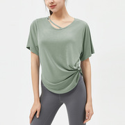 欧美纯色镂空衣领运动上衣女宽松显瘦短袖，t恤透气跑步健身罩衫