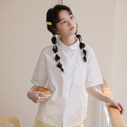 2023夏日学院风甜美chic短袖，polo领简约韩风口袋设计白衬衫女
