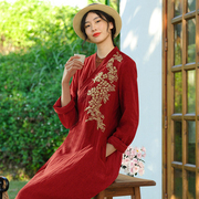 新中式刺绣色织亚麻红色连衣裙 知笔墨2024年春改良汉服禅意长裙
