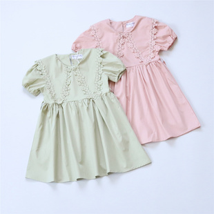 内单夏季女童刺绣蕾丝，花边尖尖领纯色单层棉布连衣裙