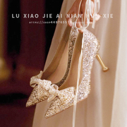 蝴蝶结婚鞋女法式新娘鞋，2024年婚纱高跟鞋仙女风细跟订婚单鞋