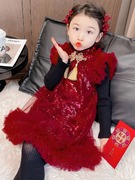 女童背心裙套装秋冬款2024红色新年战袍洋气儿童加绒过年裙子