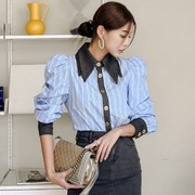 韩国女装2022秋季撞色粉色蓝色竖条纹泡泡，袖长袖衬衫