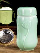 陶瓷保温杯青花瓷双层内胆茶杯男女办公杯便携带盖过滤网泡茶水杯