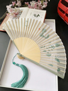 中国风扇子古风折扇汉服桃花旗袍，舞蹈扇便携古典绿色荷花女折叠扇