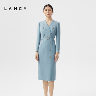 LANCY/朗姿2024春季双排扣收腰通勤三醋酸西装连衣裙女高级感