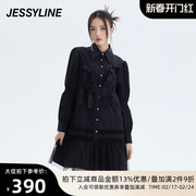 jessyline女装秋季杰茜，莱黑色网纱拼接连衣裙233111254
