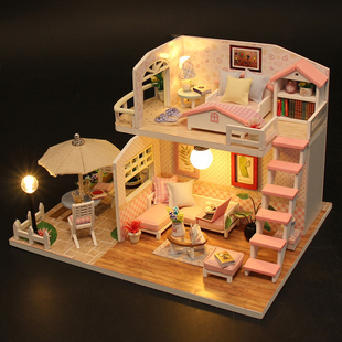 diy小屋粉黛阁楼手工，制作房子拼装模型玩具，建筑生日新年礼物女生