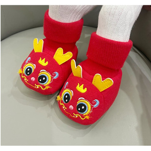 婴儿冬鞋保暖棉鞋鞋套，冬季加绒男女宝宝，0-1岁红色过年兔子鞋袜软