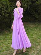 紫罗兰雪纺连衣裙开春大摆裙长款长袖波西米亚渡假长裙YS414