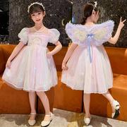 2023夏季女童中大童彩虹，翅膀公主裙韩版短袖连衣裙洋气表演服
