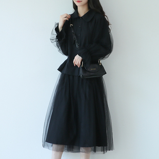 suin2024春季甜美宫廷风娃娃，领喇叭袖拼纱黑色长袖衬衫女上衣
