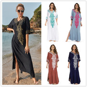 火凤凰-流跨境欧美人棉绣花长袍式沙滩衫海边度假比基尼外罩