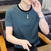 丝光棉男士短袖t恤2023夏季高级感名牌镶钻圆领体恤条纹半袖上衣