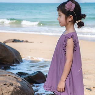 女童连衣裙海边宽松度假风宝宝，中小童紫色浅绿色，纯色气质洋气夏季