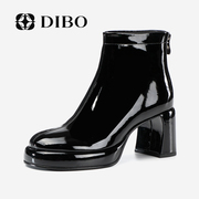 DIBO碲铂商场同款2023年冬季真皮圆头后拉链粗跟漆皮短靴女