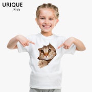 3D立体萌猫咪图案莫代尔儿童T恤女童装短袖圆领可爱动物亲子宝宝