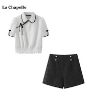 拉夏贝尔/La Chapelle夏季新中式国风爱心提花衬衫高腰短裤套装女