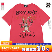 EdHardyX夏季潮牌个性兔子烫钻玫红粉色圆领短袖T恤男女同款体恤