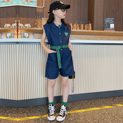 韩国女童装2024夏装韩版儿童，连衣裤中大童，工装牛仔连体短裤潮
