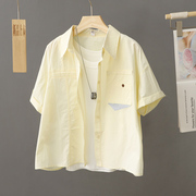 小个子短款衬衫女短袖纯棉，浅黄色设计感小众，上衣夏季衬衣薄款外套