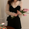 韩国chic春季法式娃娃领镶边，微透泡泡袖衬衫+v领无袖吊带连衣裙女
