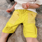 童装亮黄色双口袋字母拉链短裤男女童夏季户外五分裤度假洋气裤装