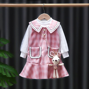 女童小香风套装，2024秋季韩版长袖连衣裙，宝宝格子背心裙洋气两件套