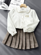 女童衬衫2024春秋白色纯棉弹力，打底衫学院风，娃娃领百搭儿童衬衣