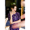 法式风情迷人紫色花朵油画印花真丝多层褶皱显瘦连衣裙