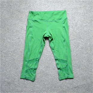 新年价瑜伽七分裤 女士侧口袋弹力速干绿色运动紧身中裤 跑步涤纶