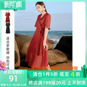 三彩2021夏季V领红色中长波点雪纺连衣裙女法式茶歇裙气质