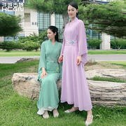 夏季汉服中式国风V领水袖气质雪纺长裙修身女腰带仙气连衣裙