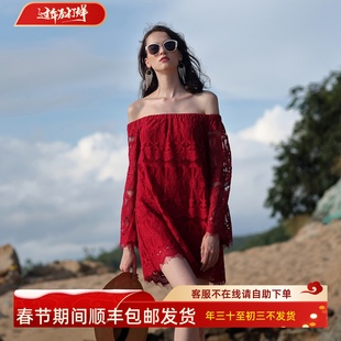 一字肩镂空蕾丝短裙色，长袖抹胸超短连衣裙，红西双版纳度假沙滩裙