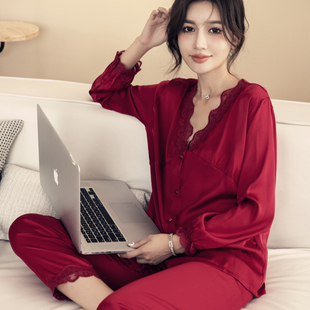 睡衣女春秋季长袖冰丝开衫，蕾丝性感红色本命年套装家居服2021
