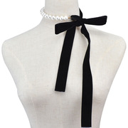 欧美夸张时尚珍珠丝带项圈，可调节长度黑色，缎带项链蝴蝶结项饰品