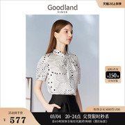 Goodland美地女装2023夏季优雅黑白波点衬衫飘带领短袖上衣