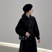 小个子黑色呢子大衣女收腰2023秋冬季法式赫本风毛呢外套女中长款