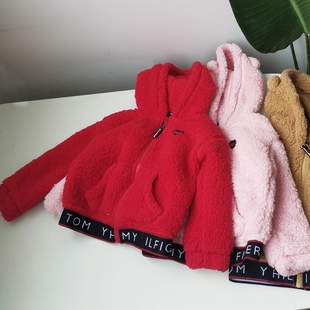 3-16岁女童秋冬装红色外套加厚保暖连帽毛毛衫拉链大衣夹克