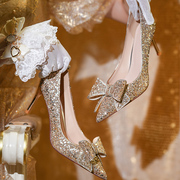 婚鞋女高跟鞋细跟尖头法式蝴蝶结香槟金色水晶钻石不累脚婚纱鞋子